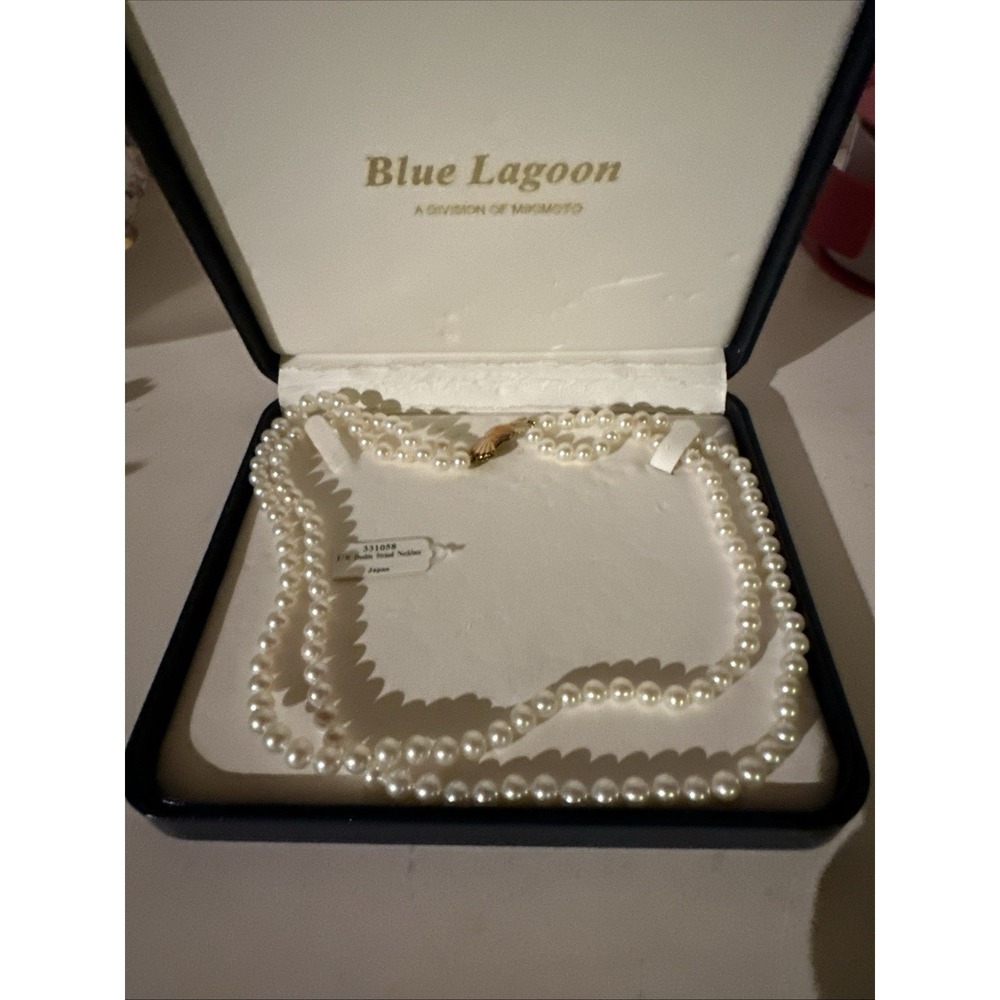 Rare VTG Mikimoto Double Strand Pearl Necklace 14k YG Clam Fish Clasp Box Papers